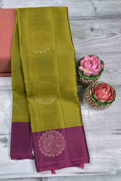Olive Green Body Fancy Butta Burgundy Border Pallu Semi Soft Silk Saree