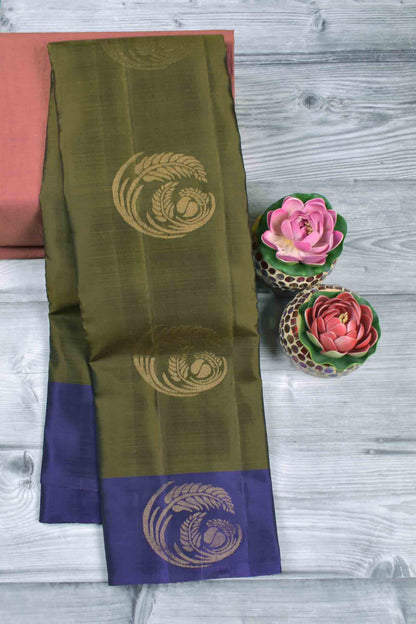 Olive Green Body Fancy Fern Butta Navy Blue Border Pallu Semi Soft Silk Saree