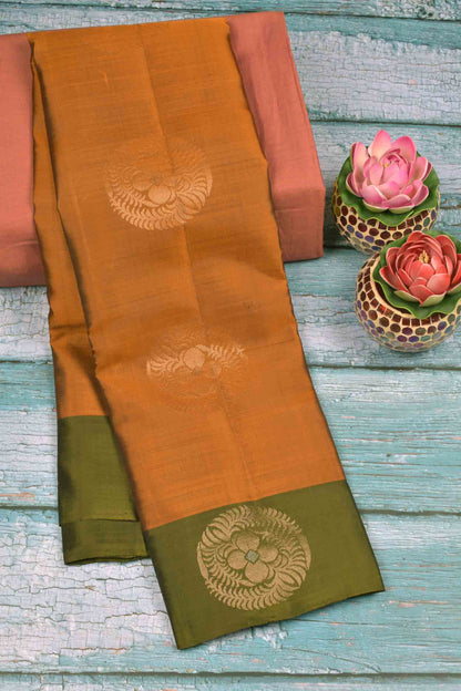 Dark Orange  Body Fancy  Butta Dark Olive Green Border Pallu Semi Soft Silk Saree