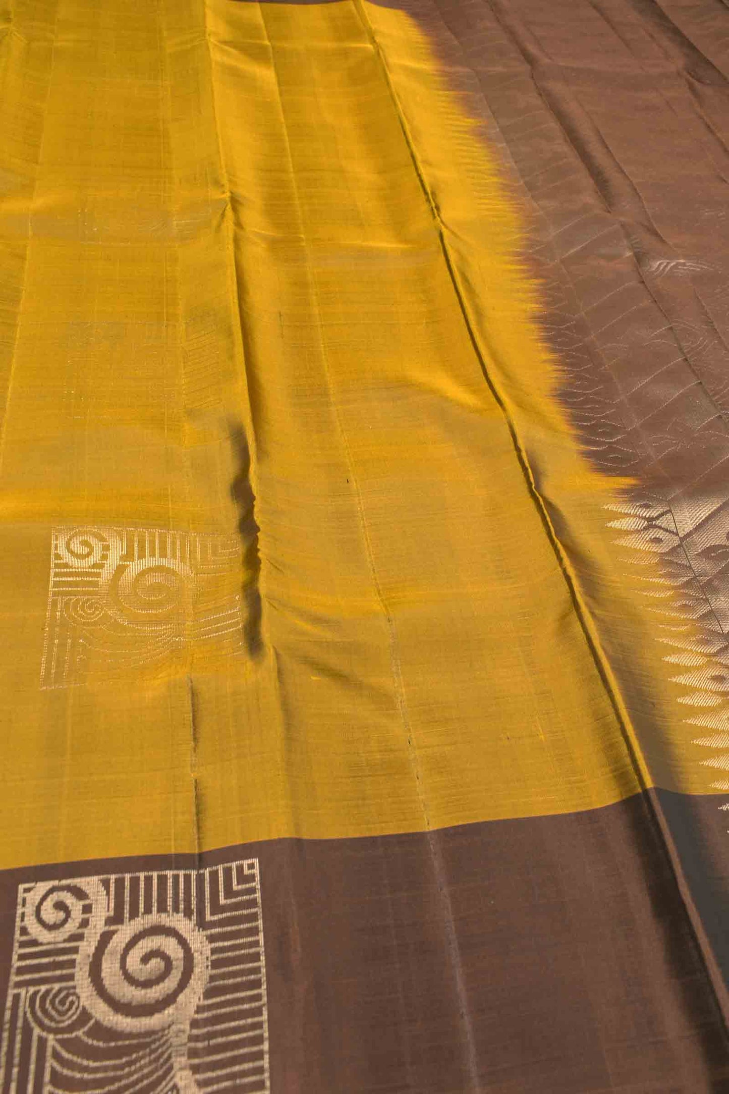 Mustard Yellow Body Fancy Frames Butta Contrast Border Pallu Semi Soft Silk Saree