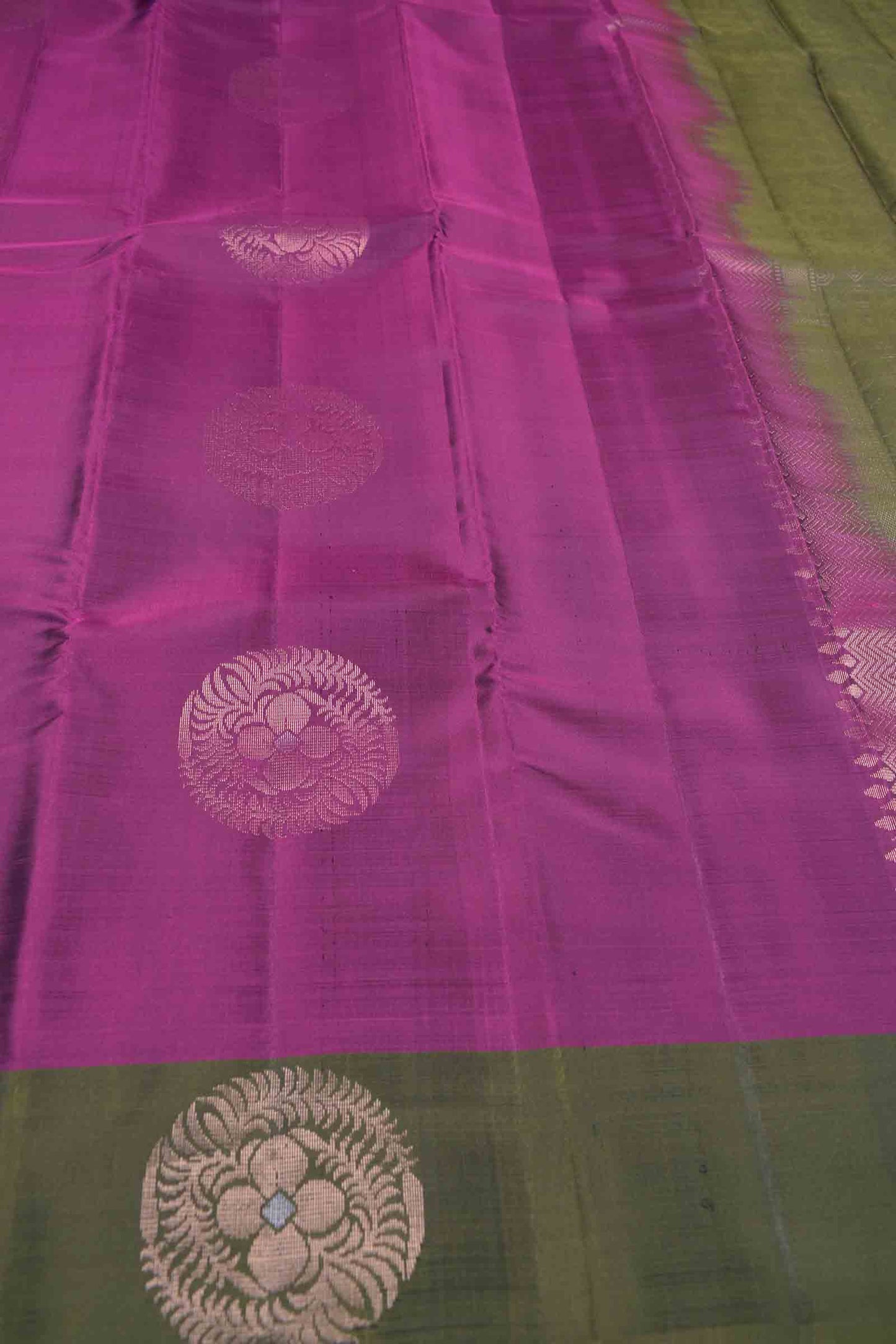 Burgundy Body Fancy Butta Olive Green Border Pallu Semi Soft Silk Saree