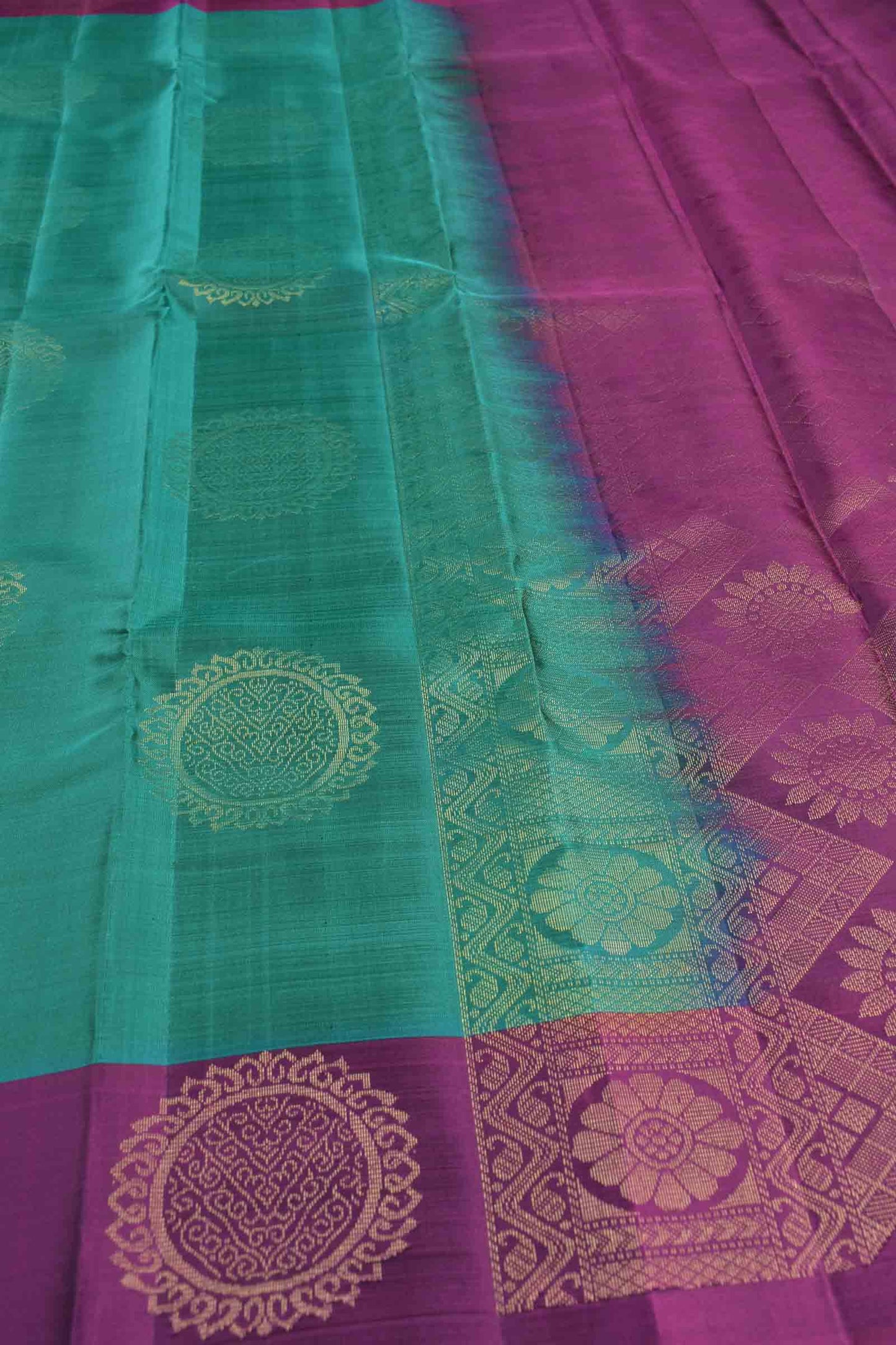 Blue Green Body Chakra Butta Purple Border Pallu Semi Soft Silk Saree