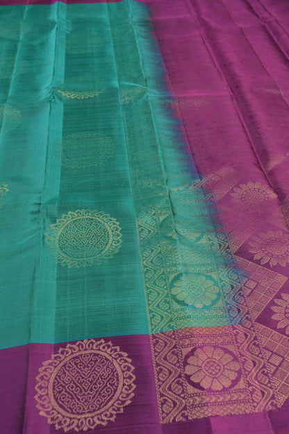 Blue Green Body Chakra Butta Purple Border Pallu Semi Soft Silk Saree