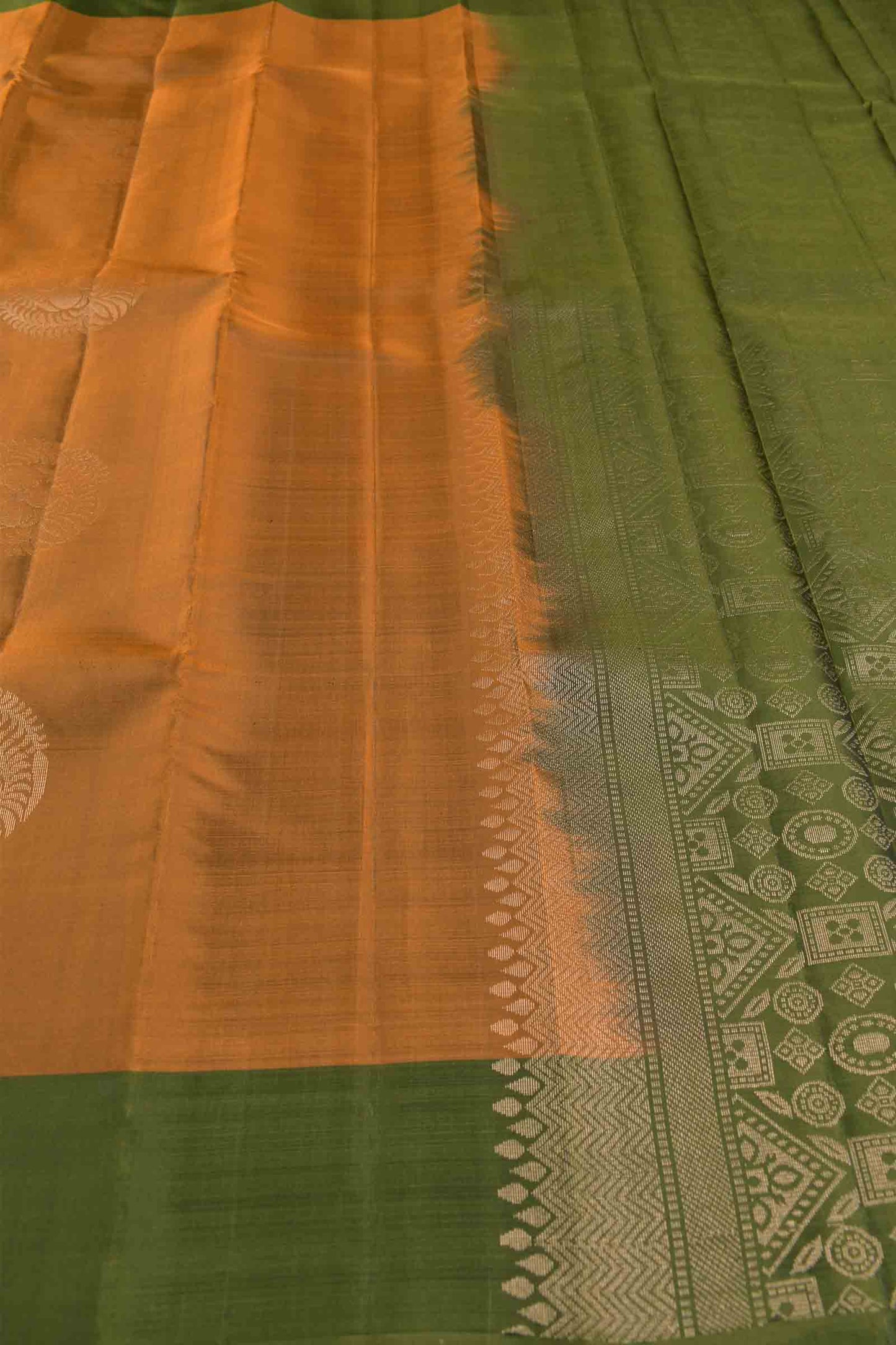 Dark Orange  Body Fancy  Butta Dark Olive Green Border Pallu Semi Soft Silk Saree