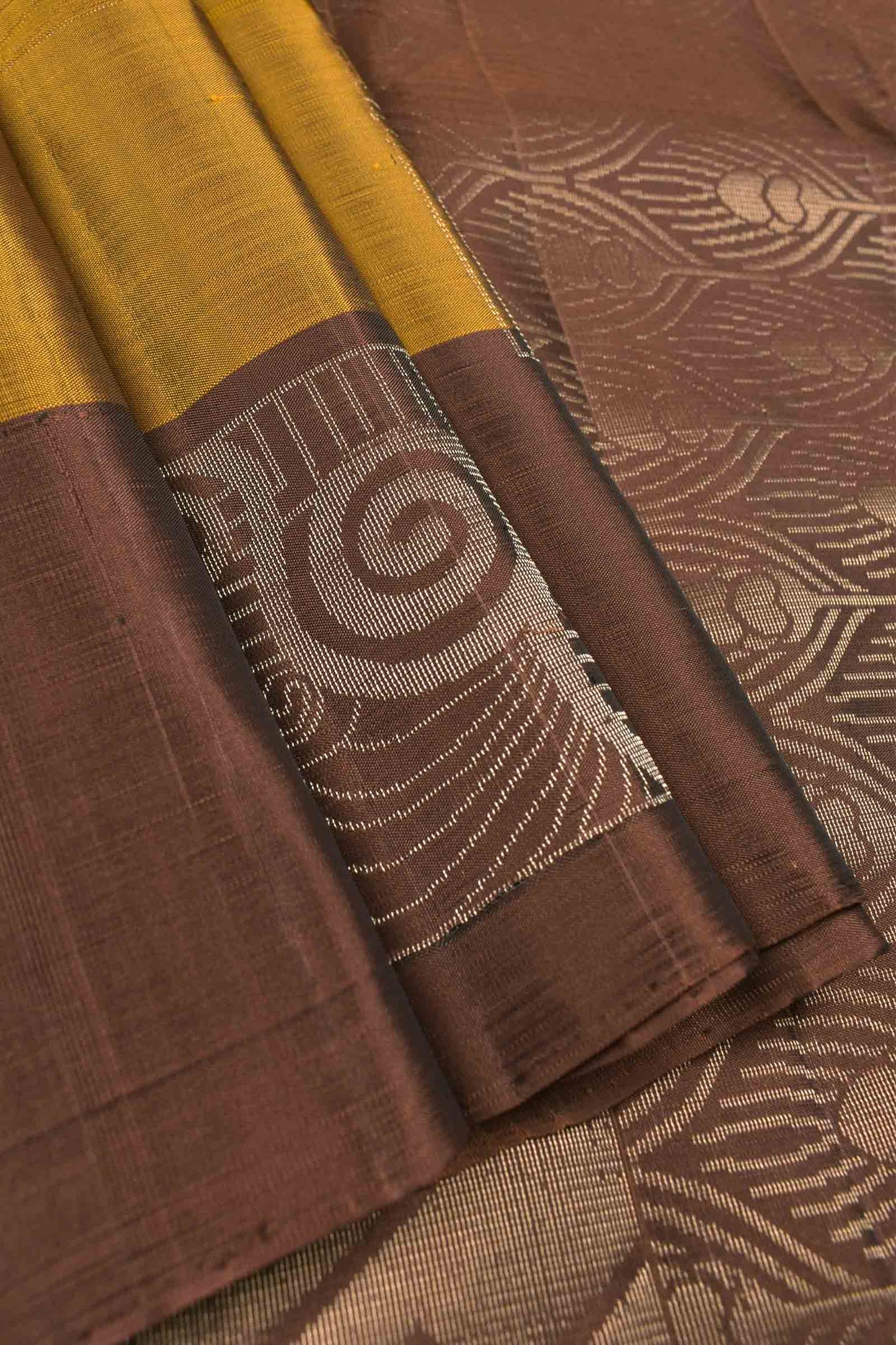 Mustard Yellow Body Fancy Frames Butta Contrast Border Pallu Semi Soft Silk Saree