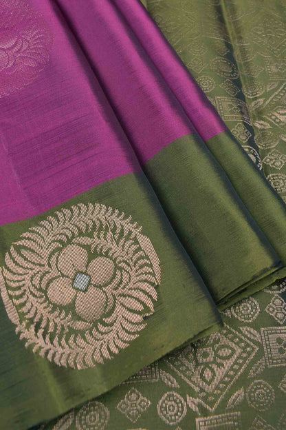 Burgundy Body Fancy Butta Olive Green Border Pallu Semi Soft Silk Saree