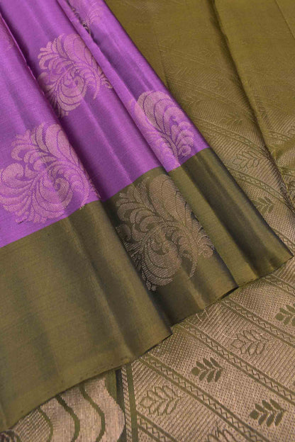 Violet Body Fancy Florlas Dark Olive Green Border Pallu Semi Soft Silk Saree