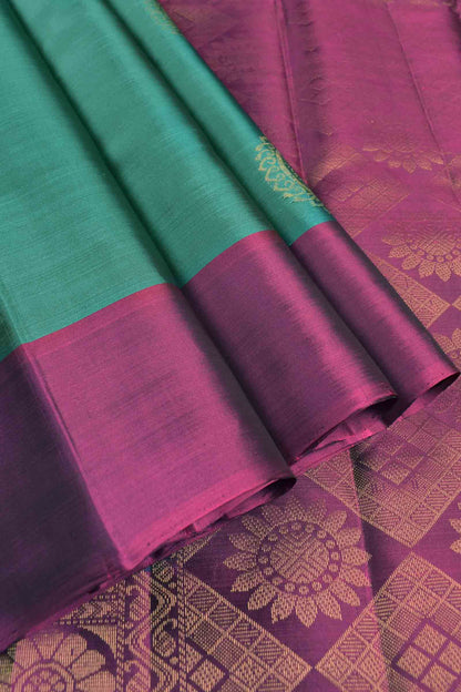 Blue Green Body Chakra Butta Purple Border Pallu Semi Soft Silk Saree