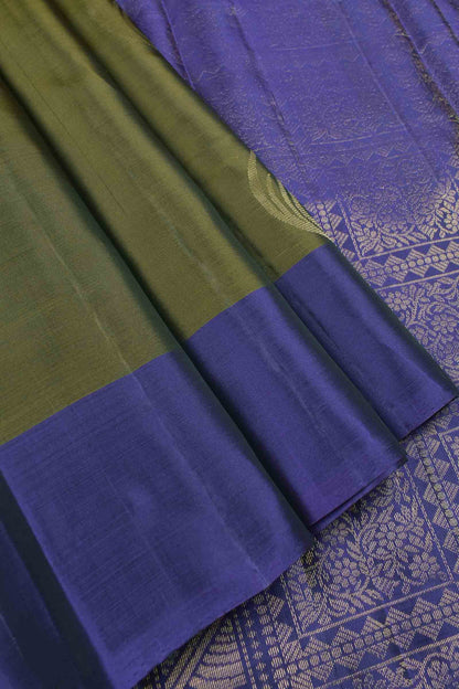 Olive Green Body Fancy Fern Butta Navy Blue Border Pallu Semi Soft Silk Saree