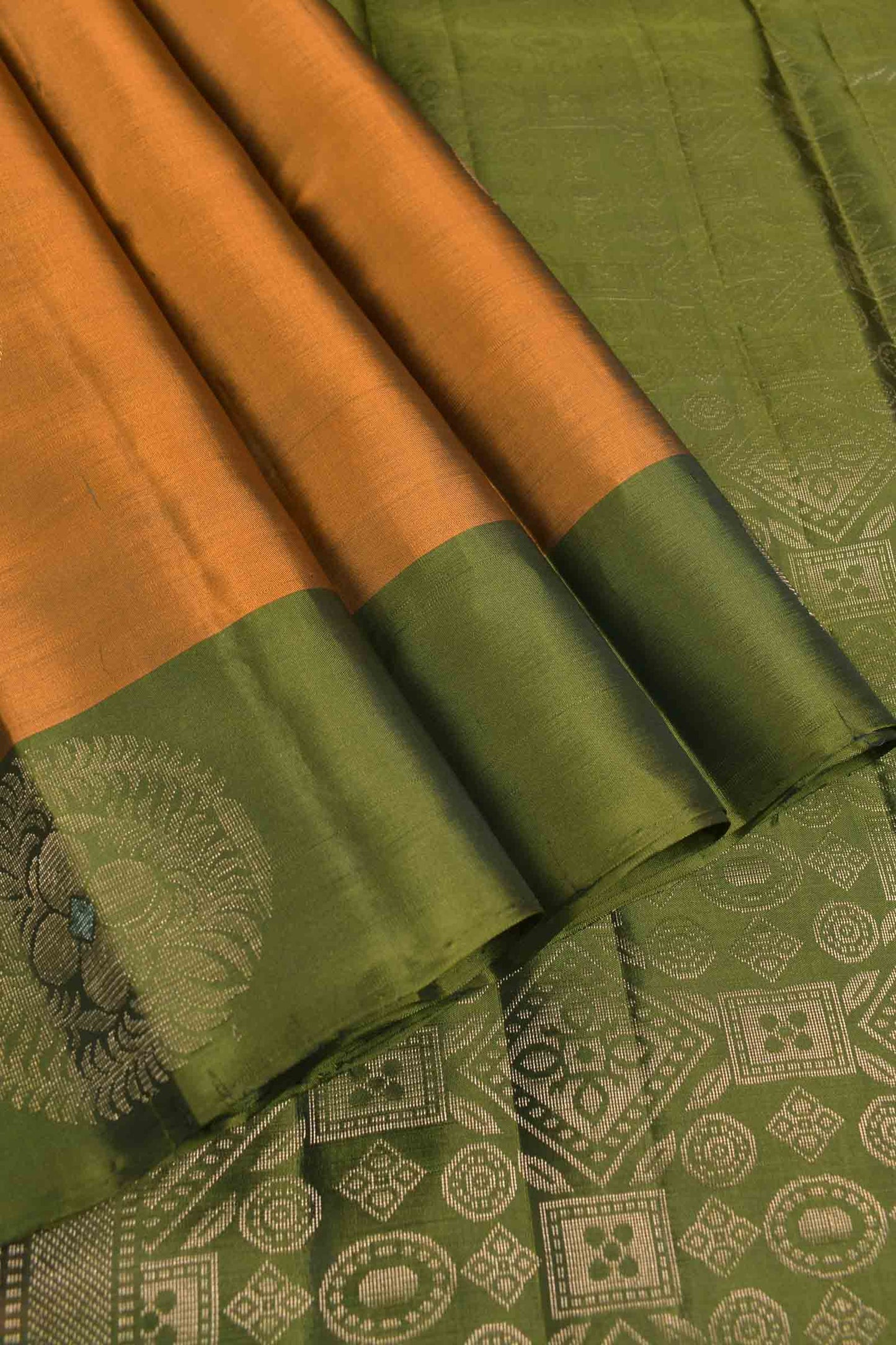Dark Orange  Body Fancy  Butta Dark Olive Green Border Pallu Semi Soft Silk Saree