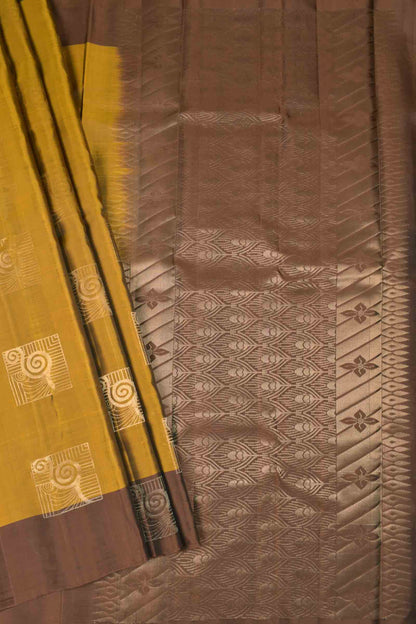 Mustard Yellow Body Fancy Frames Butta Contrast Border Pallu Semi Soft Silk Saree