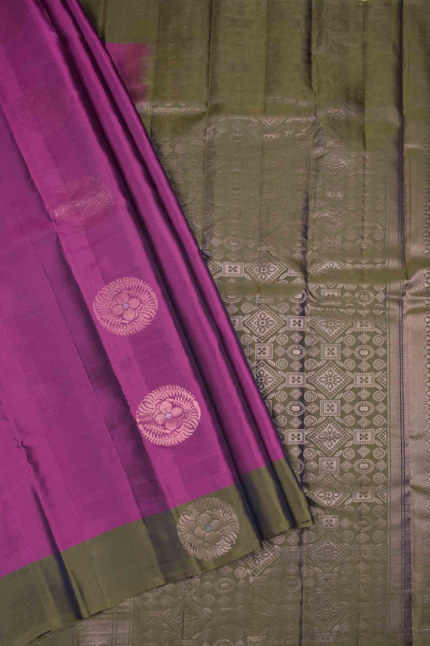 Burgundy Body Fancy Butta Olive Green Border Pallu Semi Soft Silk Saree