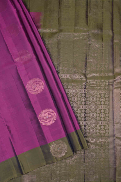Burgundy Body Fancy Butta Olive Green Border Pallu Semi Soft Silk Saree