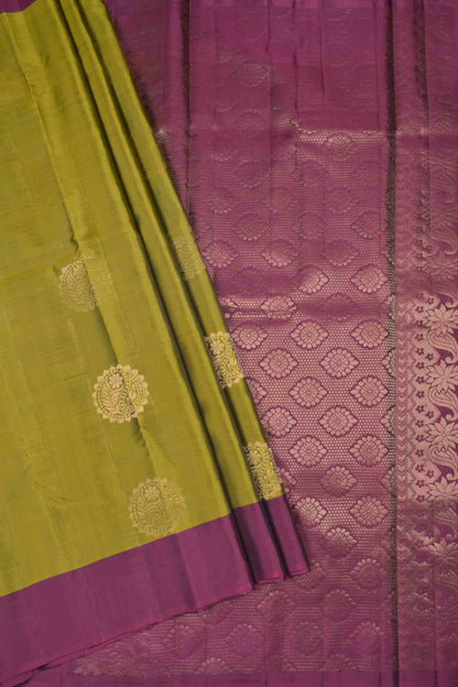 Olive Green Body Fancy Butta Burgundy Border Pallu Semi Soft Silk Saree