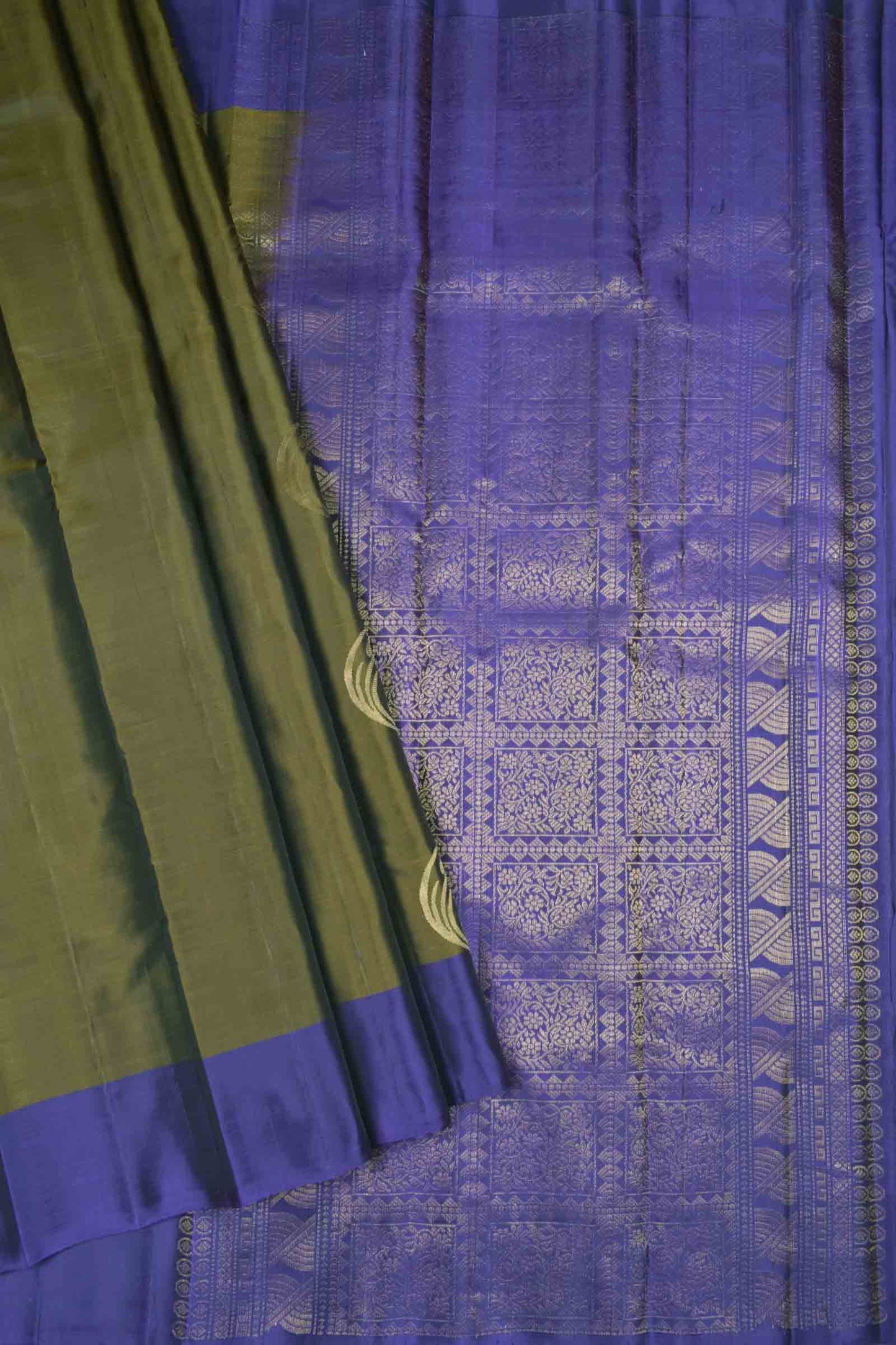 Olive Green Body Fancy Fern Butta Navy Blue Border Pallu Semi Soft Silk Saree