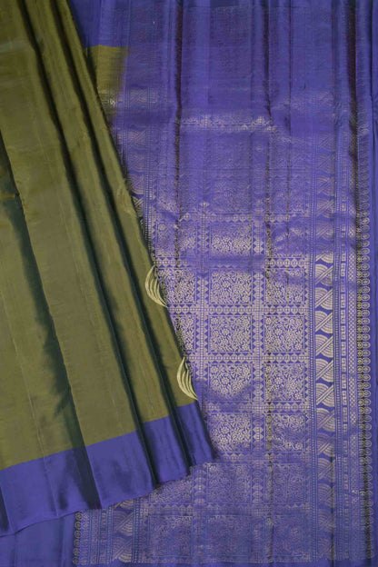 Olive Green Body Fancy Fern Butta Navy Blue Border Pallu Semi Soft Silk Saree