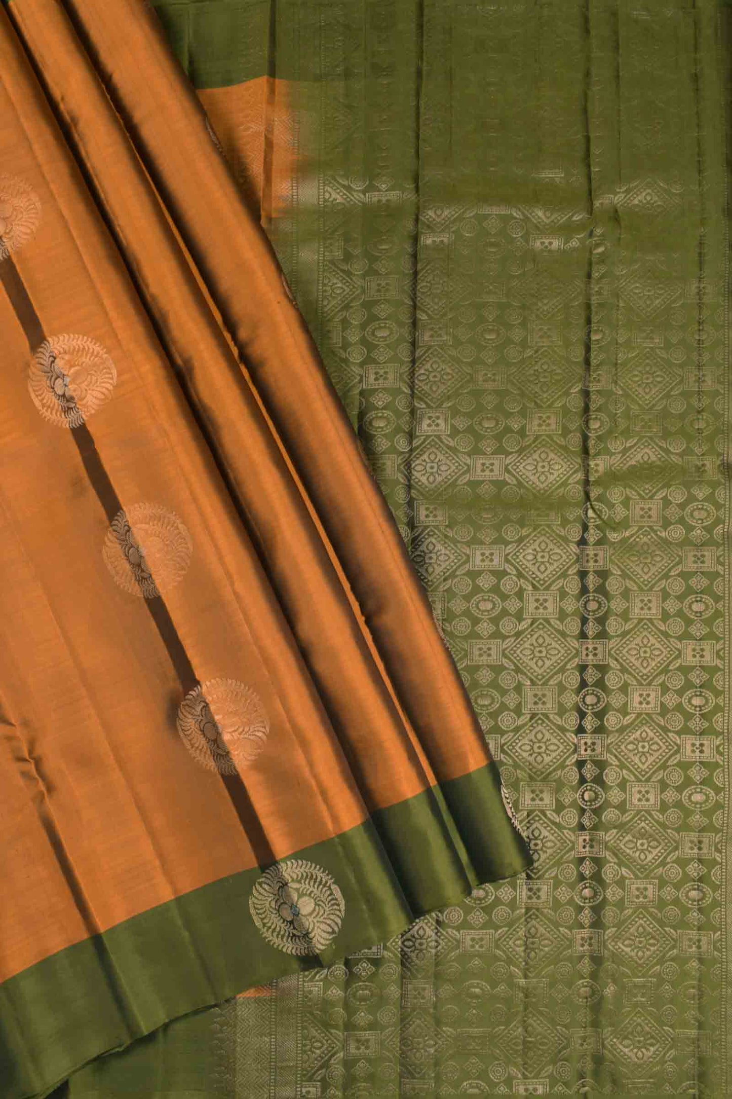 Dark Orange  Body Fancy  Butta Dark Olive Green Border Pallu Semi Soft Silk Saree