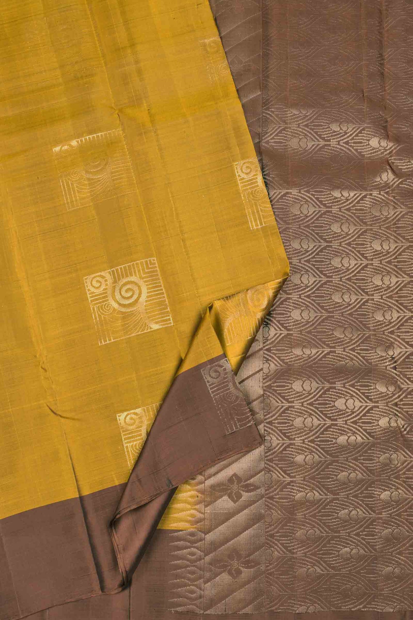 Mustard Yellow Body Fancy Frames Butta Contrast Border Pallu Semi Soft Silk Saree