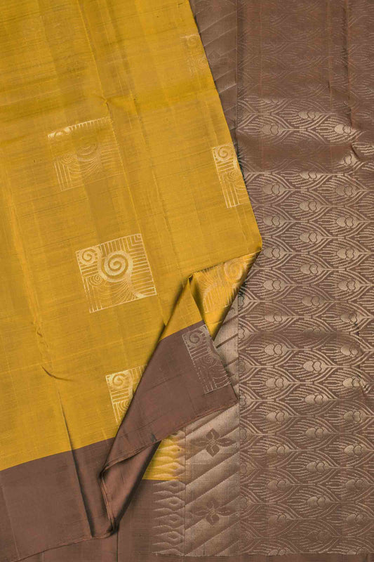 Mustard Yellow Body Fancy Frames Butta Contrast Border Pallu Semi Soft Silk Saree