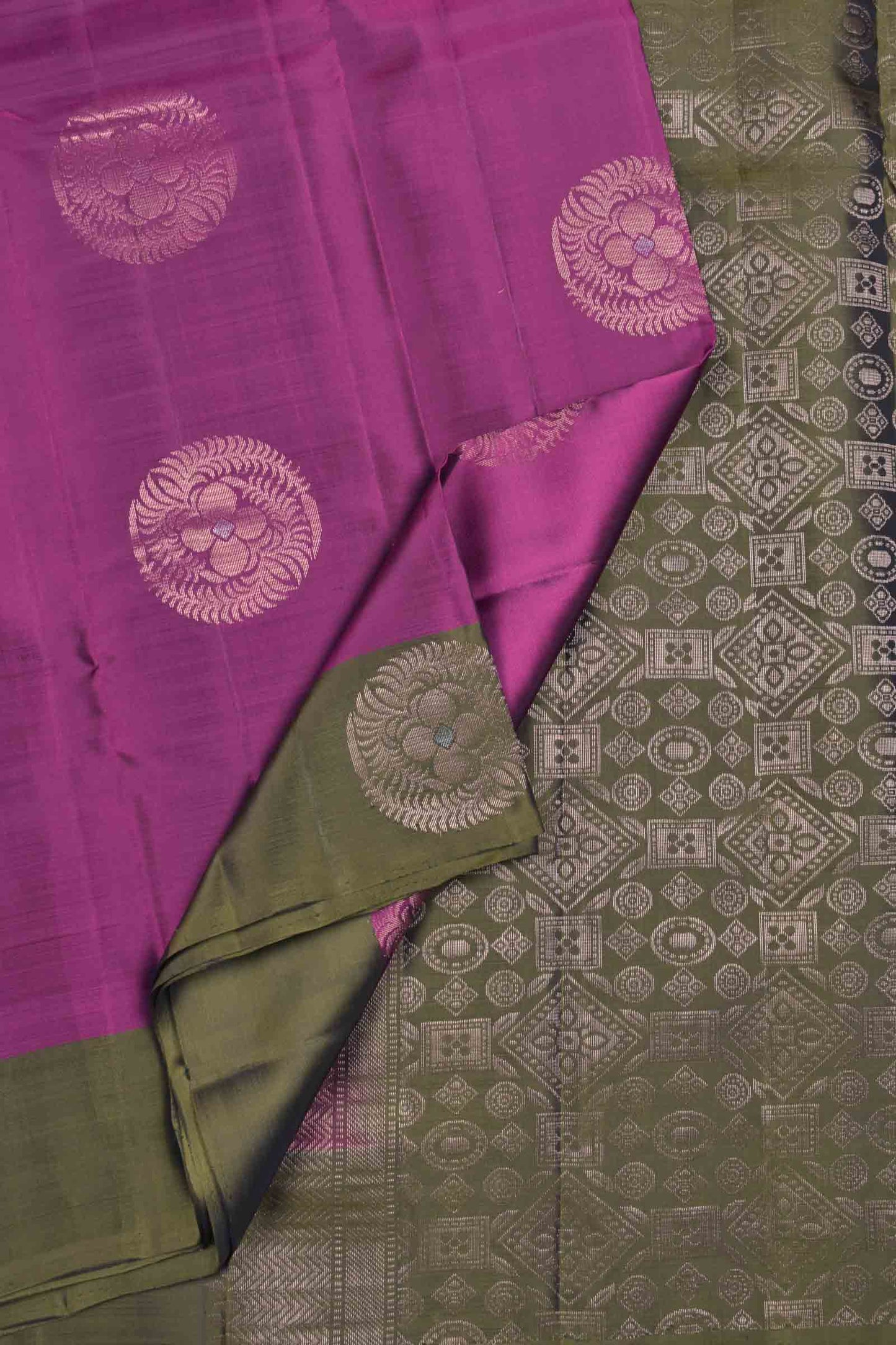 Burgundy Body Fancy Butta Olive Green Border Pallu Semi Soft Silk Saree