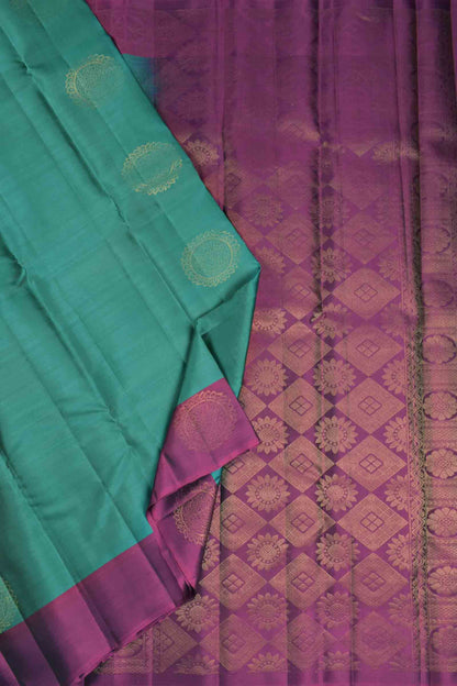 Blue Green Body Chakra Butta Purple Border Pallu Semi Soft Silk Saree
