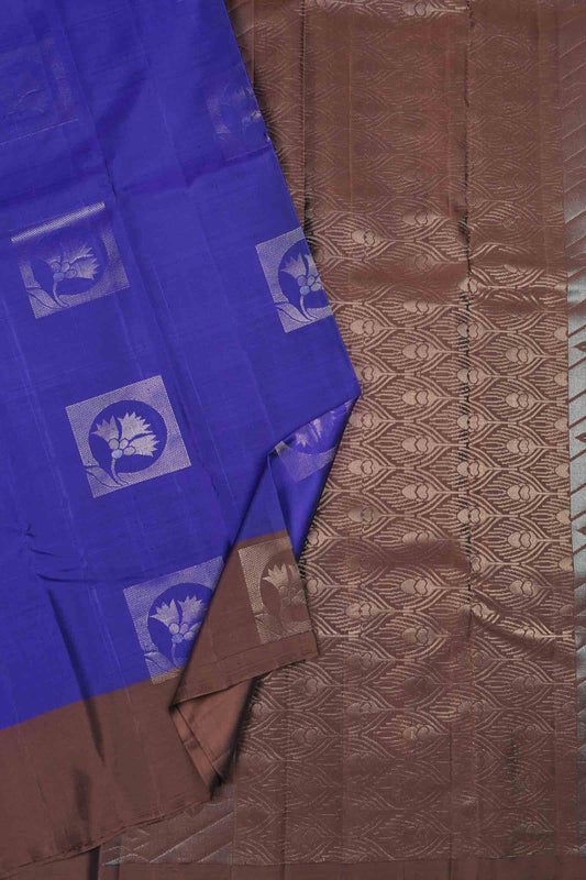 Golden Navy Blue Body Fancy Frames Butta Brown Border Pallu Semi Soft Silk Saree