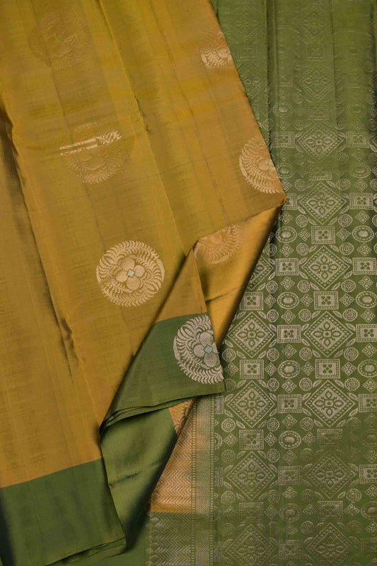 Olive Green Body Fancy  Butta Green Border Pallu Semi Soft Silk Saree