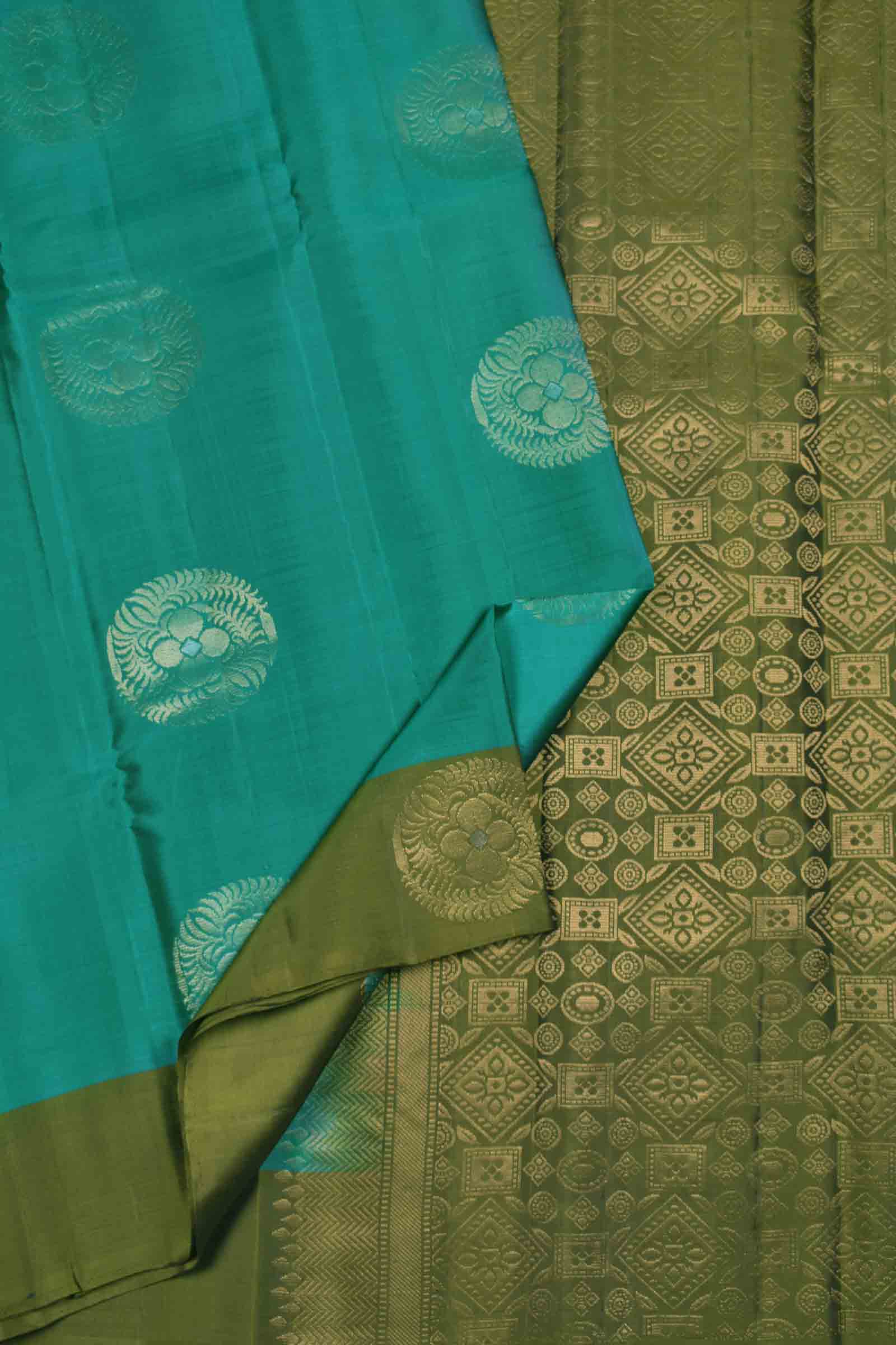 Majantha Blue Green Body Fancy Butta Olive Green Border Pallu Semi Soft Silk Sa ...
