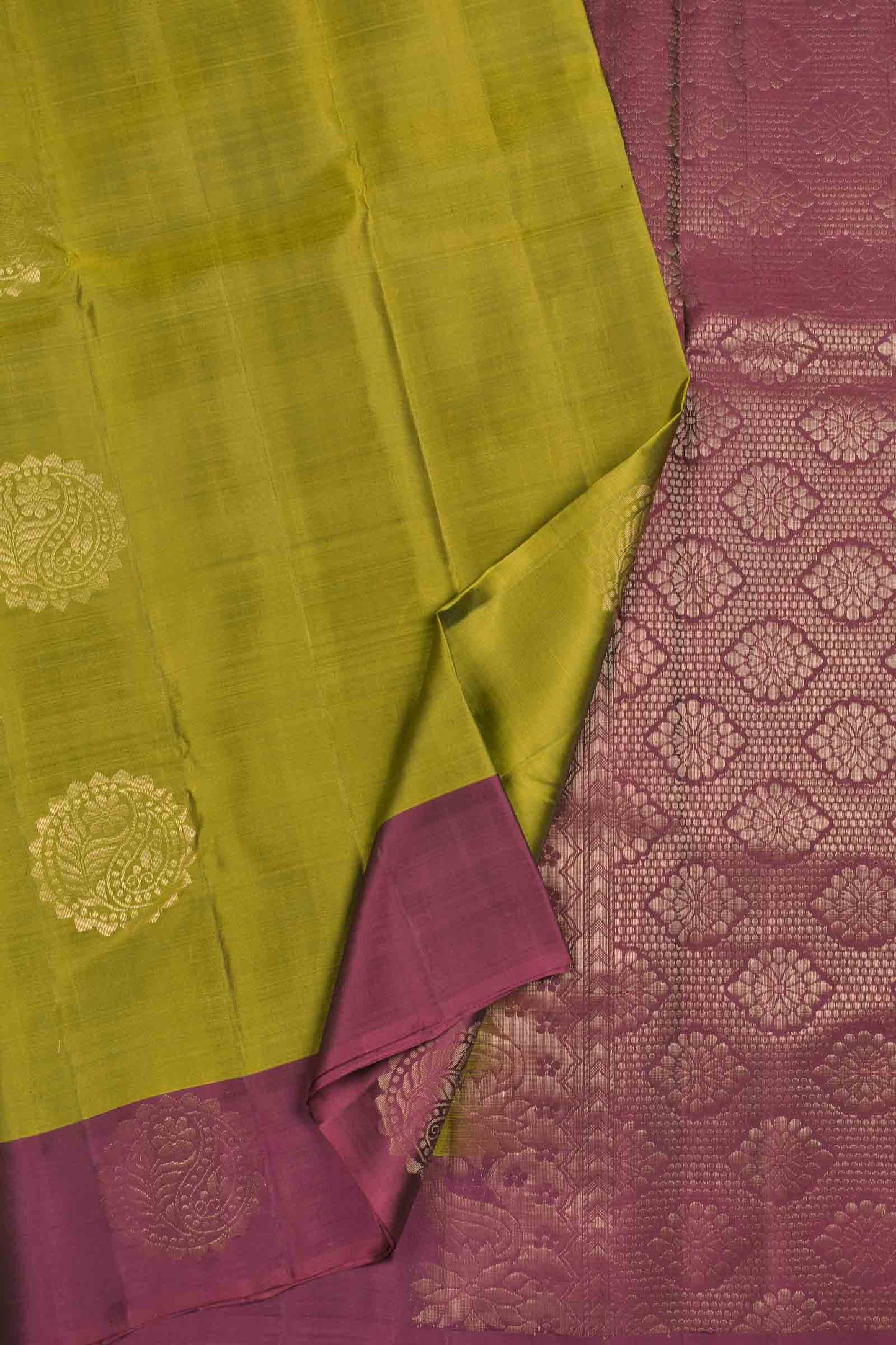 Olive Green Body Fancy Butta Burgundy Border Pallu Semi Soft Silk Saree