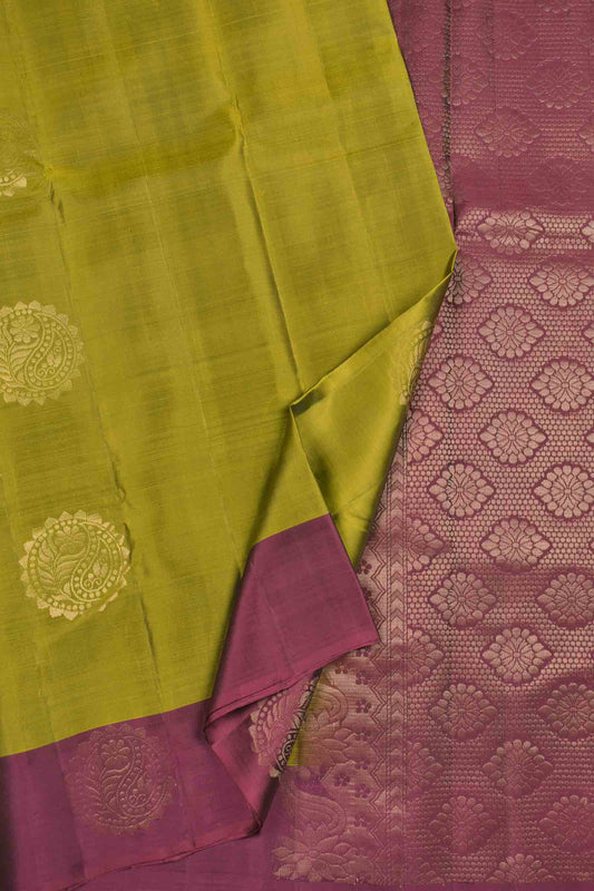 Olive Green Body Fancy Butta Burgundy Border Pallu Semi Soft Silk Saree