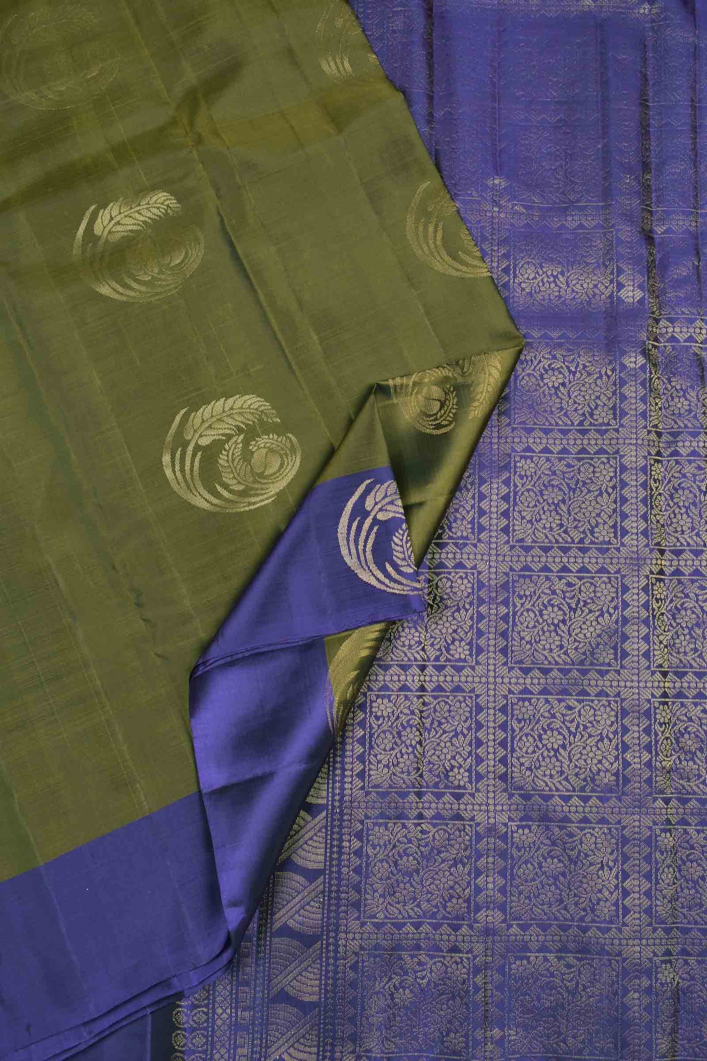 Olive Green Body Fancy Fern Butta Navy Blue Border Pallu Semi Soft Silk Saree