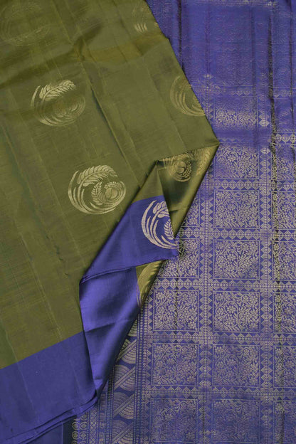 Olive Green Body Fancy Fern Butta Navy Blue Border Pallu Semi Soft Silk Saree