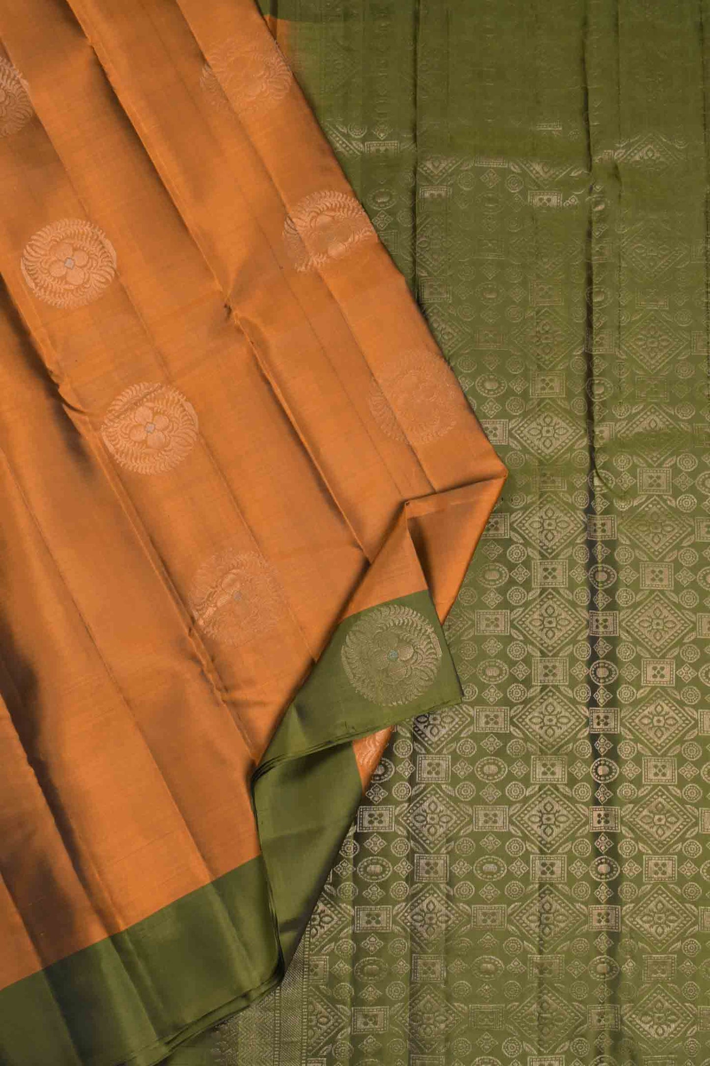 Dark Orange  Body Fancy  Butta Dark Olive Green Border Pallu Semi Soft Silk Saree