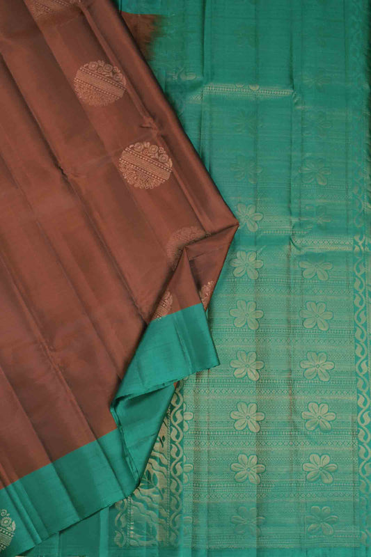 Dark Brown Body Fancy  Butta Green Border Pallu Semi Soft Silk Saree