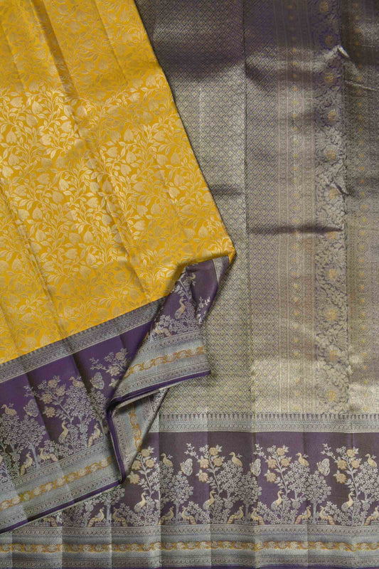 Golden Yellow Kanchipuram Bridal Pure Silk Fancy Silver Zari Florals Contrast Border Pallu Saree NAA177