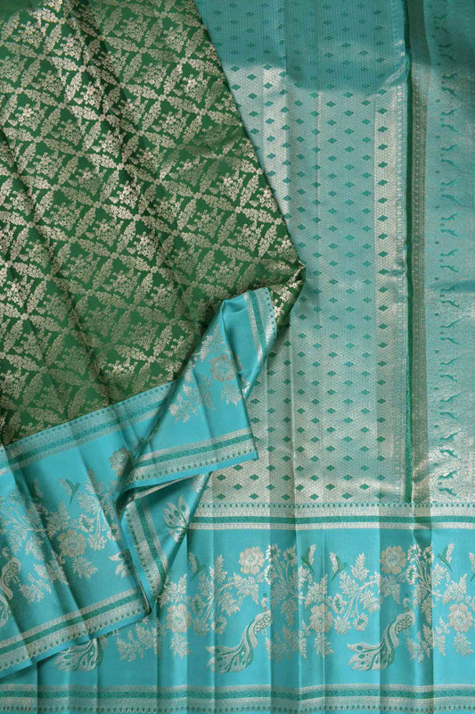 Green Light Kanchipuram Bridal Pure Silk Fancy Print Aqua Blue Peacock Border Saree NAA178