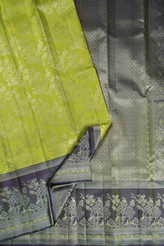 Green Kanchipuram Bridal Pure Silk Silver Zari Peacock Contrast Border Pallu Saree NAA179