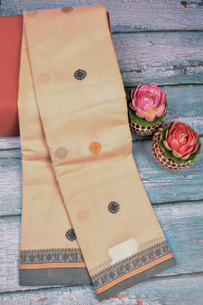 Sandal Kanjivaram Pure Cotton Multi Thread Butta Peacock Pallu Saree