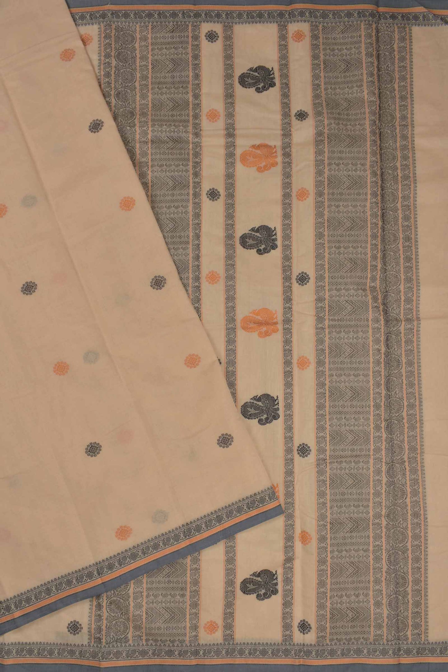 Sandal Kanjivaram Pure Cotton Multi Thread Butta Peacock Pallu Saree