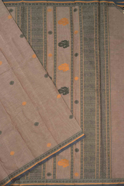 Light Brown Kanjivaram Pure Cotton Multi Thread Butta Peacock Pallu Saree