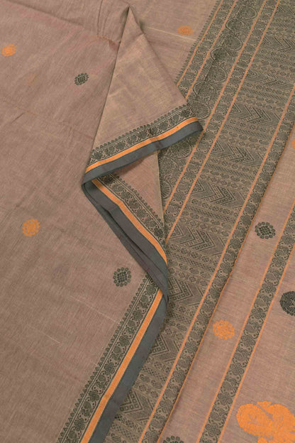 Light Brown Kanjivaram Pure Cotton Multi Thread Butta Peacock Pallu Saree