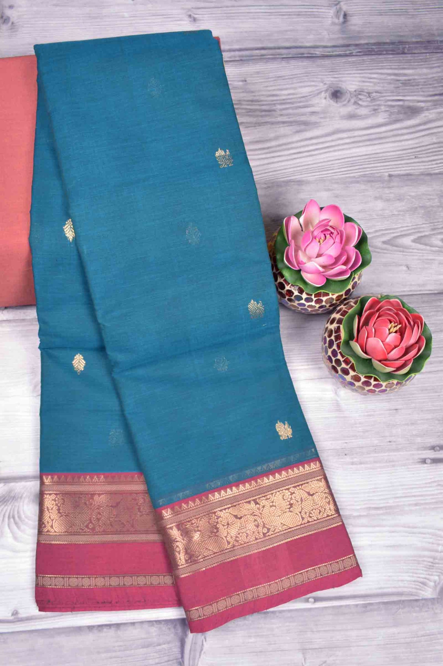Blue Kanjivaram Pure Cotton Mini Peacock Butta Horse Border Grand Pallu Saree