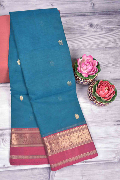 Blue Kanjivaram Pure Cotton Mini Peacock Butta Horse Border Grand Pallu Saree