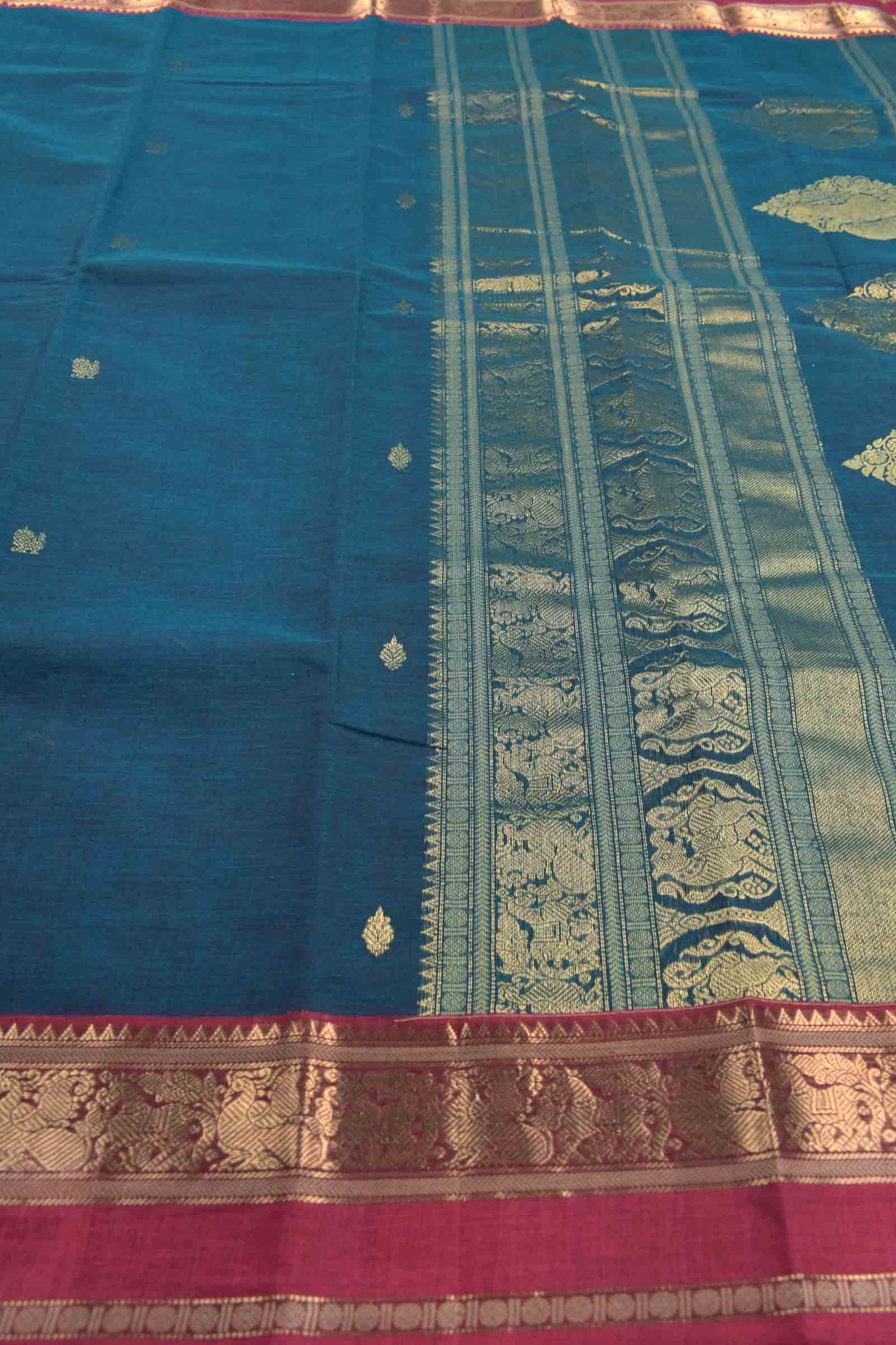 Blue Kanjivaram Pure Cotton Mini Peacock Butta Horse Border Grand Pallu Saree