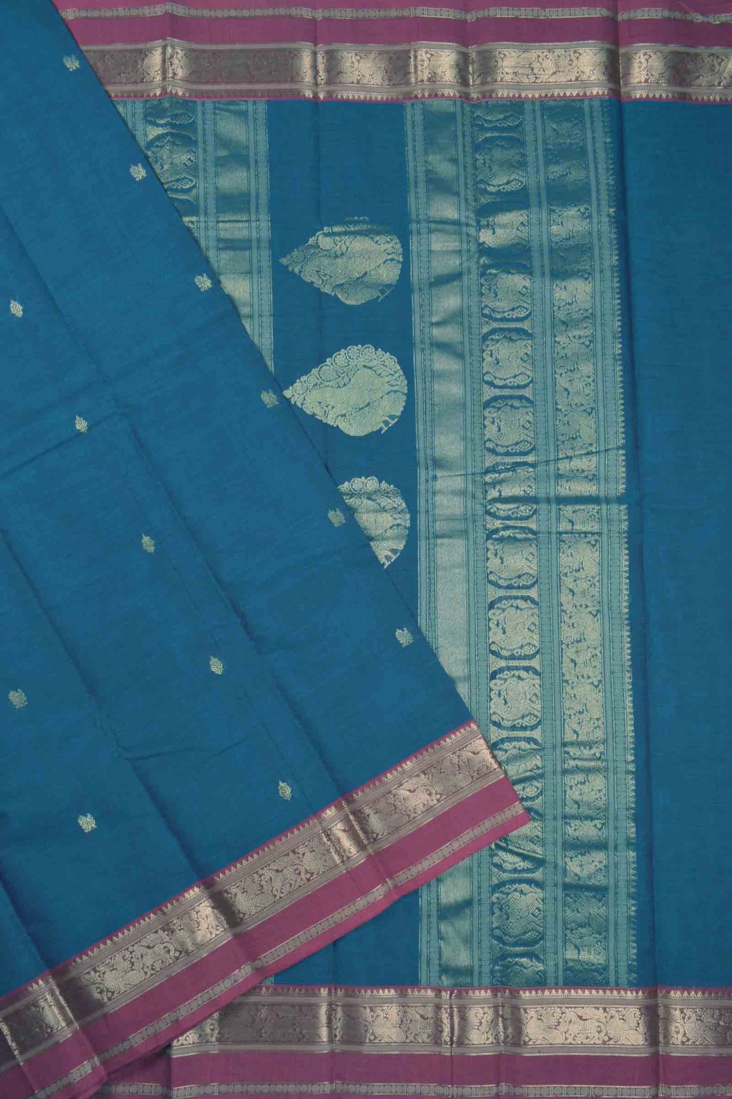 Blue Kanjivaram Pure Cotton Mini Peacock Butta Horse Border Grand Pallu Saree