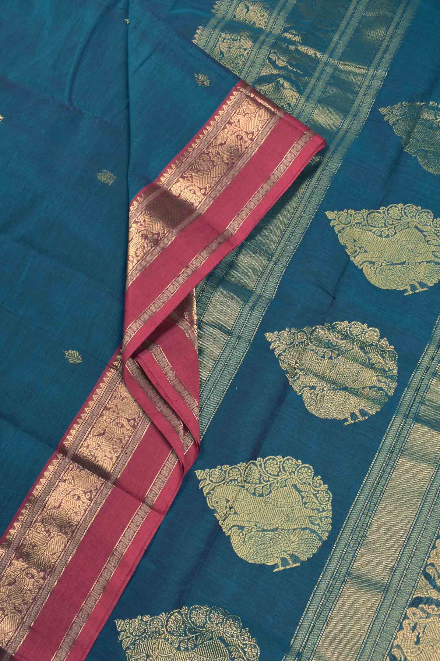Blue Kanjivaram Pure Cotton Mini Peacock Butta Horse Border Grand Pallu Saree