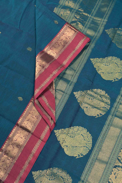 Blue Kanjivaram Pure Cotton Mini Peacock Butta Horse Border Grand Pallu Saree