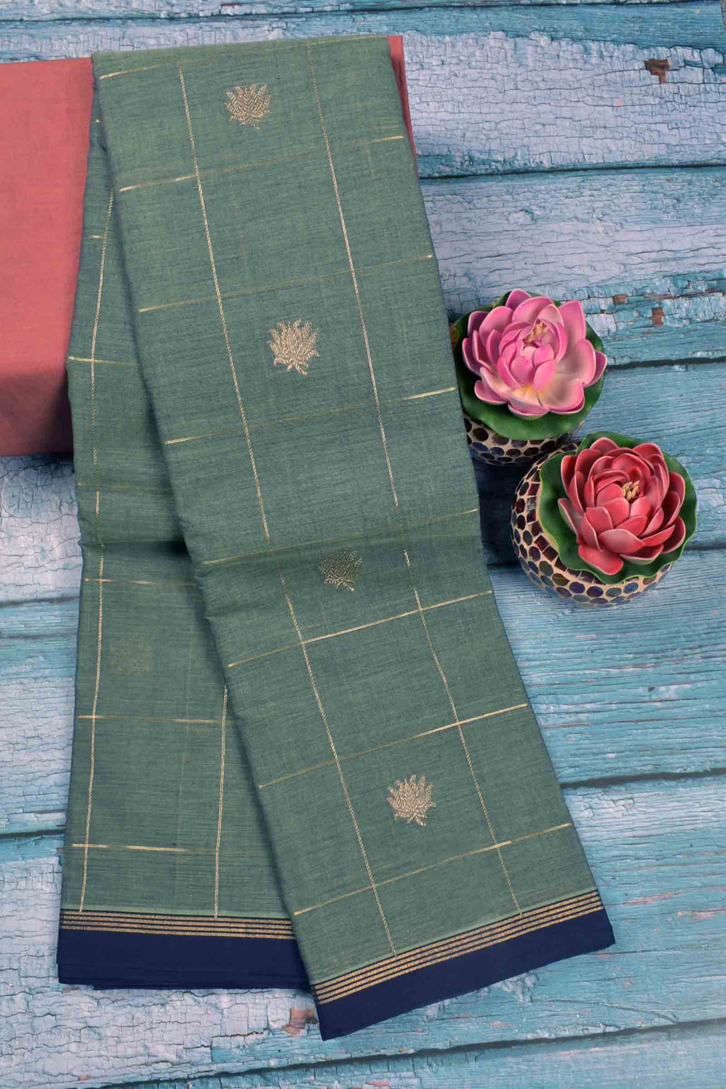 Grey Kanjivaram Pure Cotton Kattam Lotus Butta Zari Pallu Saree