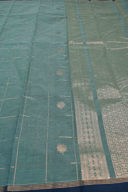 Grey Kanjivaram Pure Cotton Kattam Lotus Butta Zari Pallu Saree