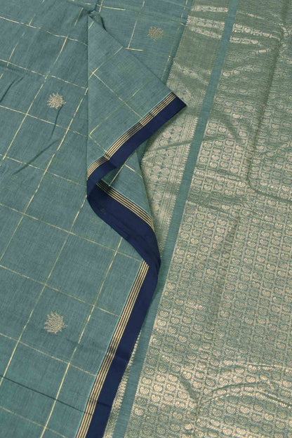 Grey Kanjivaram Pure Cotton Kattam Lotus Butta Zari Pallu Saree